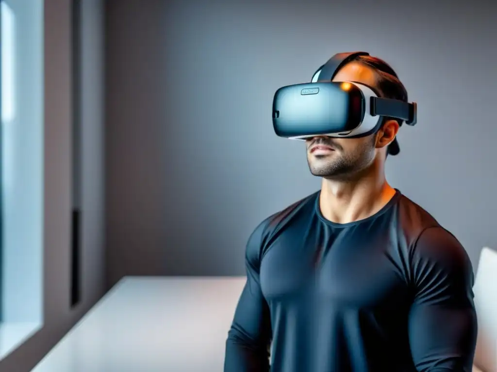 Headset VR futurista en mesa blanca brillante Un vistoso auricular de realidad virtual en una mesa blanca brillante, resaltado por luz suave