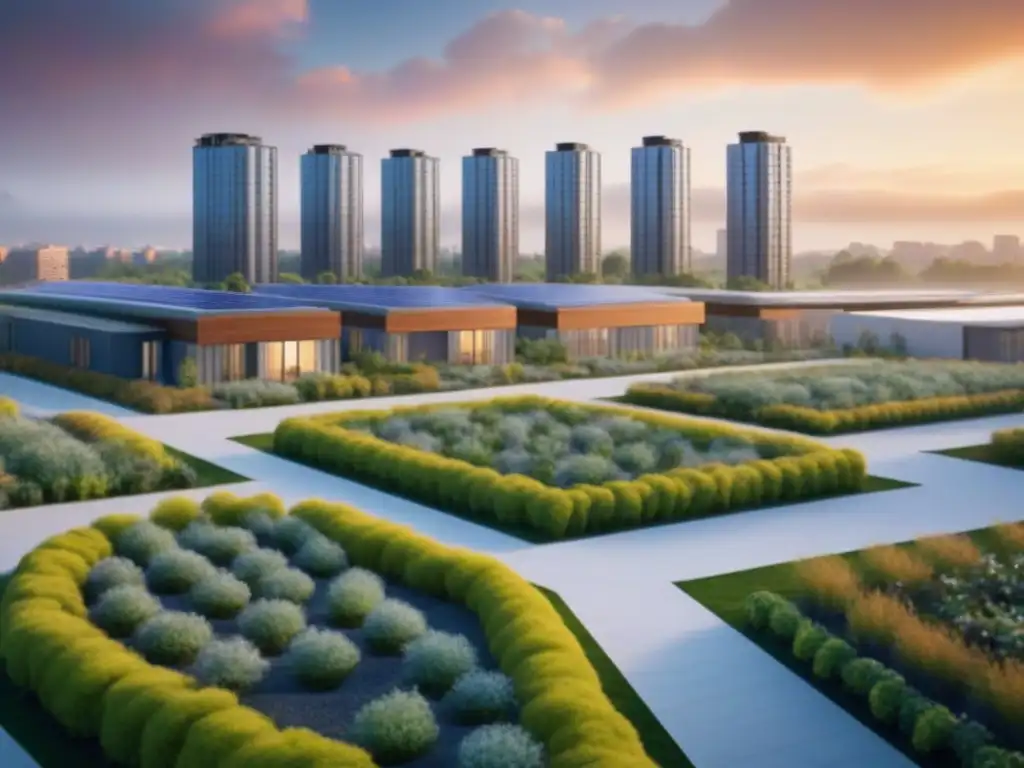 Skyline sostenible al atardecer: viviendas asequibles, parques verdes y energía limpia Vivienda asequible en armonía con la sostenibilidad urbana al atardecer