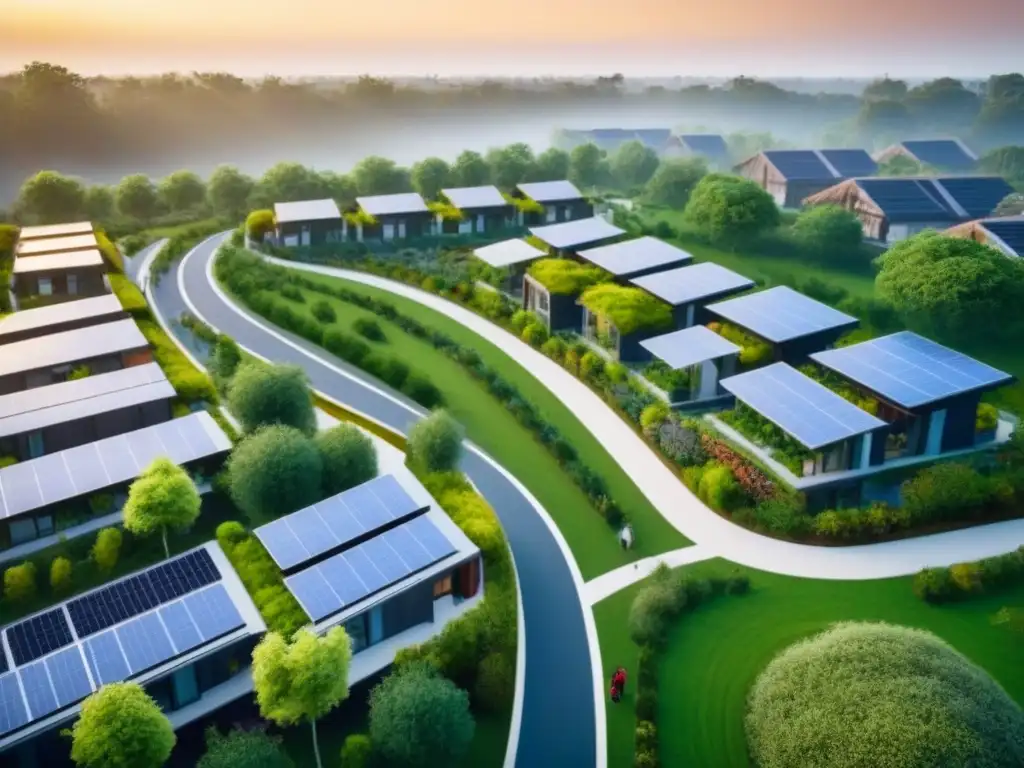 Desarrollo sostenible: Arquitectura eco-friendly y naturaleza en armonía Vivienda asequible en desarrollo sostenible: vecindario moderno con arquitectura ecológica, paneles solares, vegetación y residentes activos