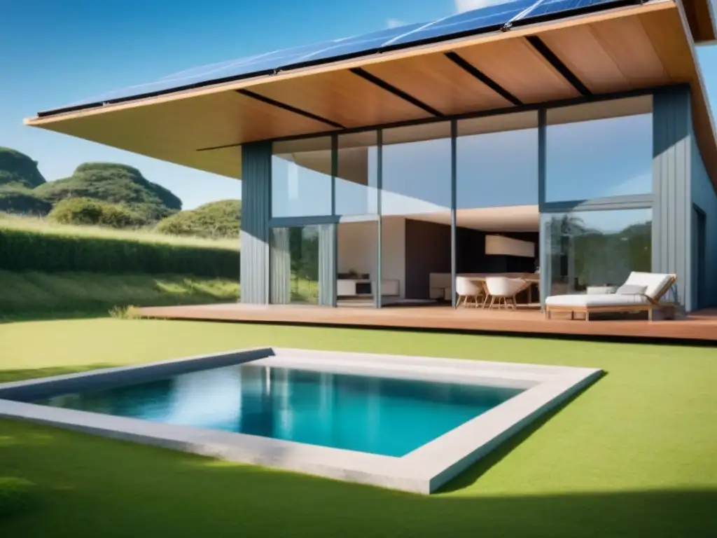 Casa ecológica: diseño innovador en armonía con la naturaleza Vivienda ecológica con paneles solares y diseño innovador en un paisaje verde