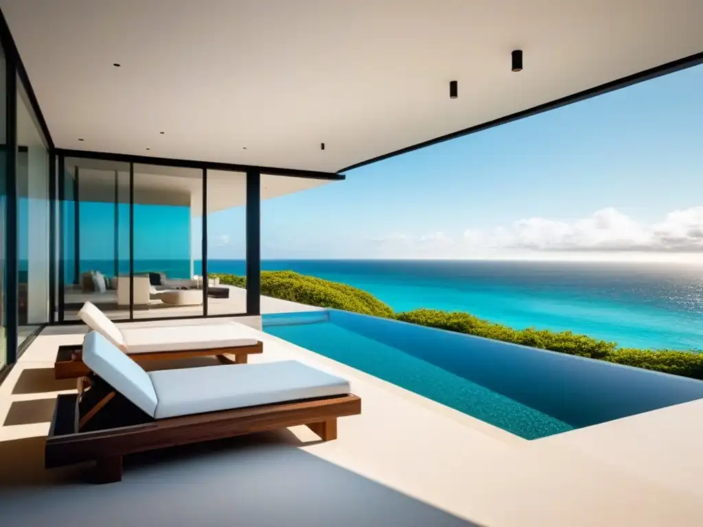Residencia de lujo frente al mar en Norteamérica Vivienda de lujo en la playa en Norteamérica con piscina infinita privada y terraza con mobiliario contemporáneo al atardecer