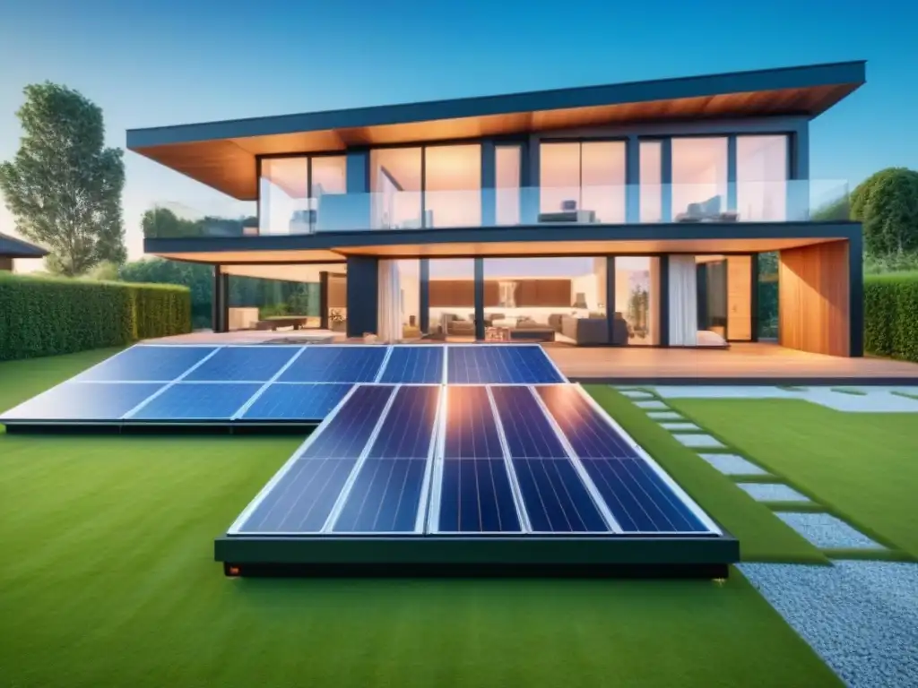 Vivienda pasiva de lujo: diseño ecoeficiente en 8k Vivienda pasiva de lujo con paneles solares y jardín verde