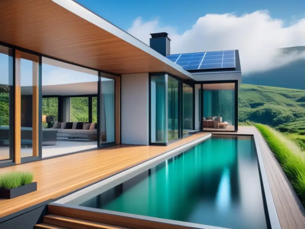 Vivienda eco-sostenible futurista: bioarquitectura y modernidad Vivienda sostenible futurista con bioarquitectura, materiales eco y techos verdes