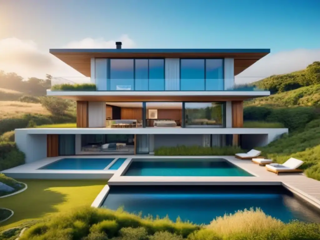 Hogar sustentable futurista rodeado de naturaleza exuberante Vivienda sostenible del futuro con bioarquitectura en entorno verde y sereno