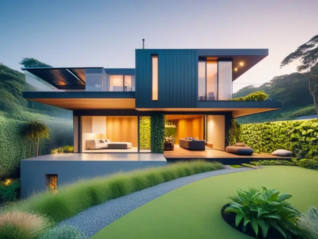 Vivienda ecológica: diseño futurista y sostenible Vivienda sostenible del futuro con bioarquitectura innovadora y verde en armonía con la naturaleza