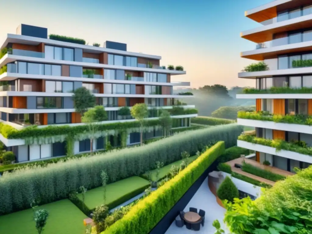 Complejo residencial sostenible: arquitectura moderna y verde Viviendas sostenibles con certificaciones ecológicas en armonía con la naturaleza y diseño moderno