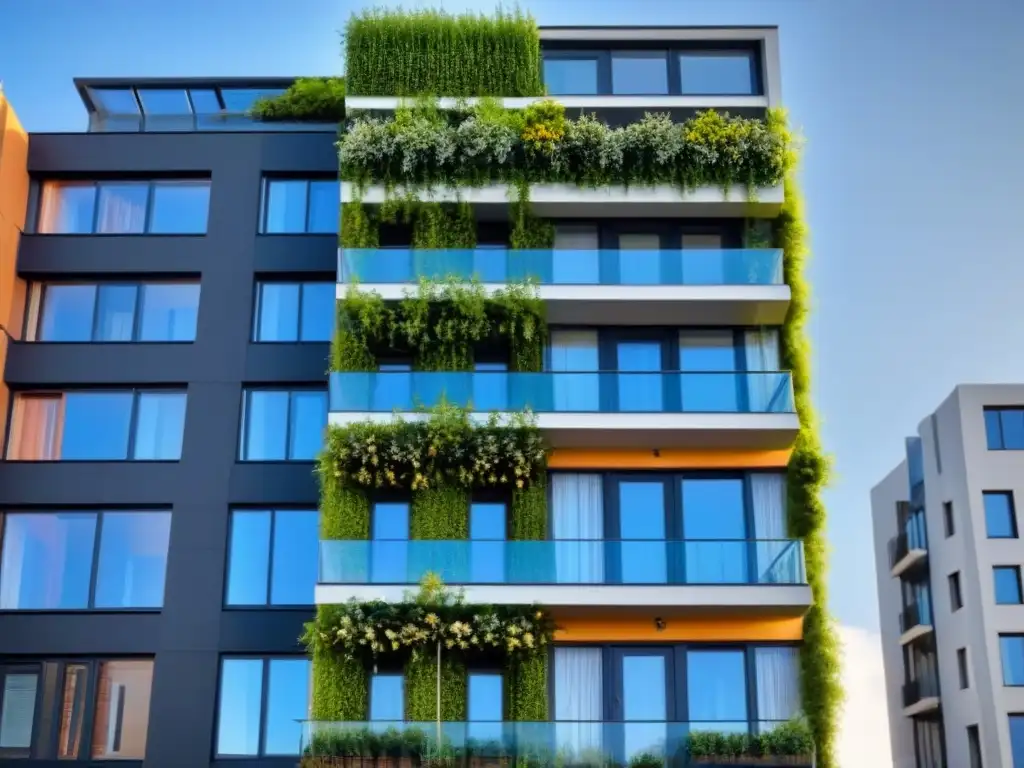 Edificio moderno y ecoamigable para Millennials inversores Viviendas sostenibles para Millennials inversores: Edificio moderno con paneles solares, amplias ventanas y jardín vertical