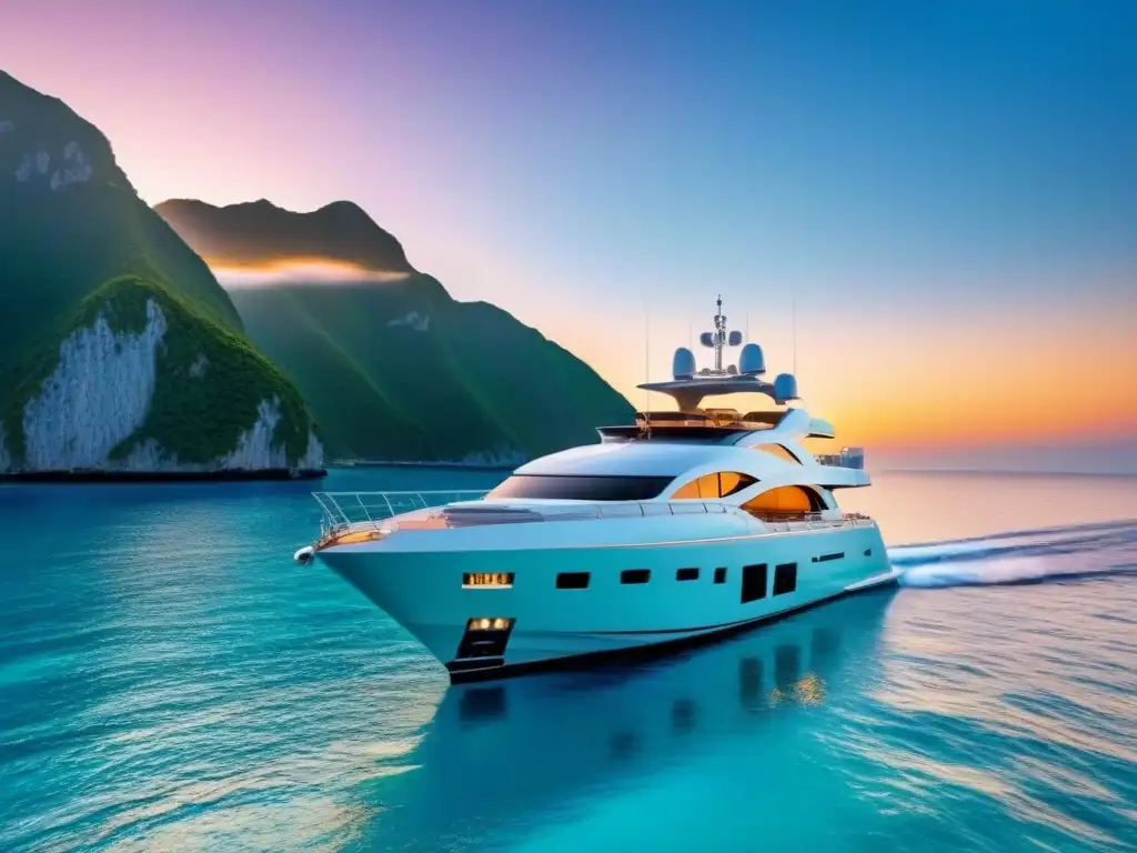 Yate de lujo navegando al atardecer en aguas turquesas Un yate de lujo navega en aguas turquesa bajo un atardecer pintoresco, ideal para tours de lujo compradores internacionales