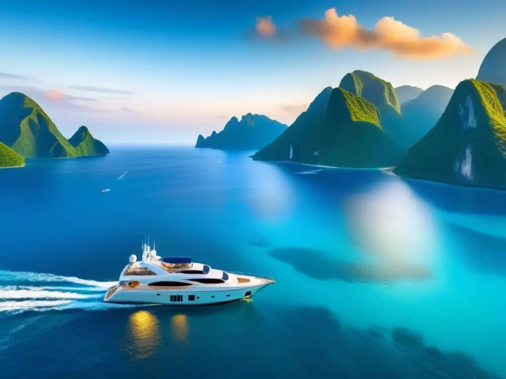 Yate de lujo en aguas turquesas con atardecer vibrante Un yate de lujo navegando en aguas turquesas con islas tropicales al atardecer, turistas disfrutando champagne