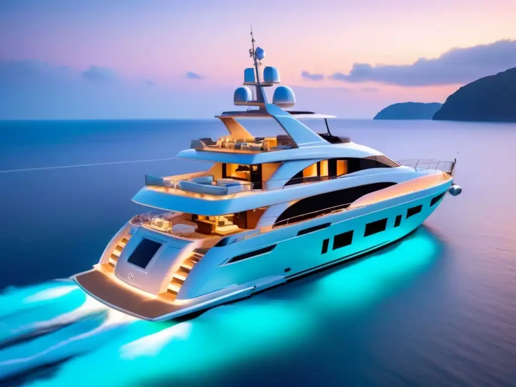 Yate de lujo navegando al atardecer en aguas turquesa Inversión en yates de lujo: Yate moderno, elegante y lujoso navegando en aguas turquesas al atardecer