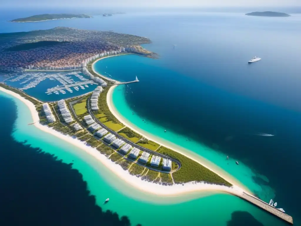 Urbanización en zonas costeras: contraste entre naturaleza virgen y área urbana llena de rascacielos, propiedades lujosas y marinas bulliciosas